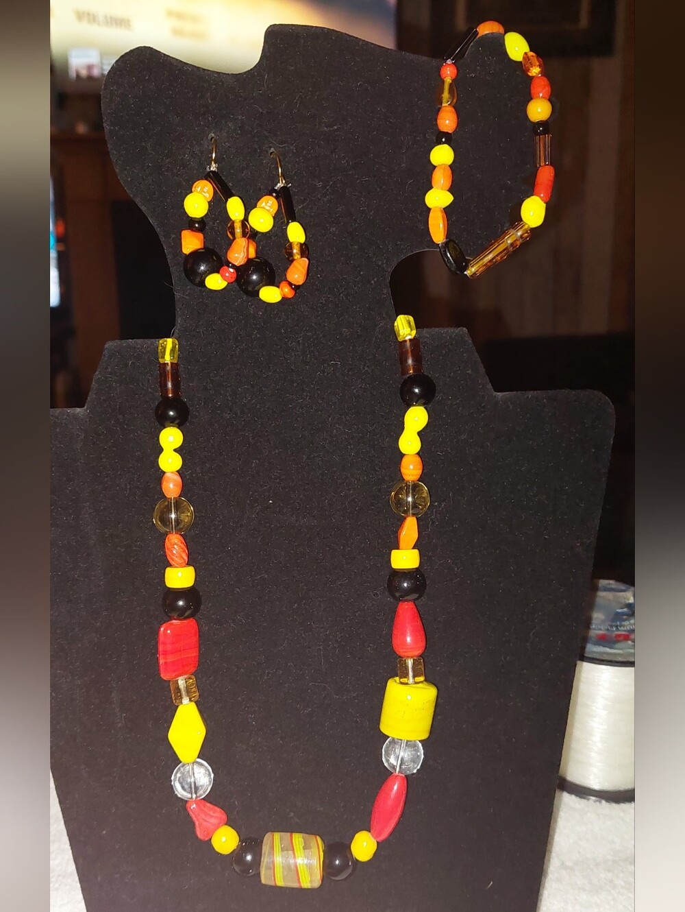 Handcrafted Yellow, Orange and Red Glass Beaded Necklace Set Candy Corn Theme